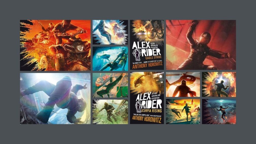 Image: https://williamjoseph.blob.core.windows.net/williamjoseph/images/_1008x567_crop_center-center_82_none/alex-rider-competition-16x9.jpg?v=1749642189 Images from the front covers of the Alex Rider books