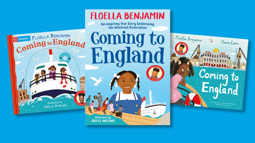 The front covers of the board book memoir and picture book versions of Coming to England