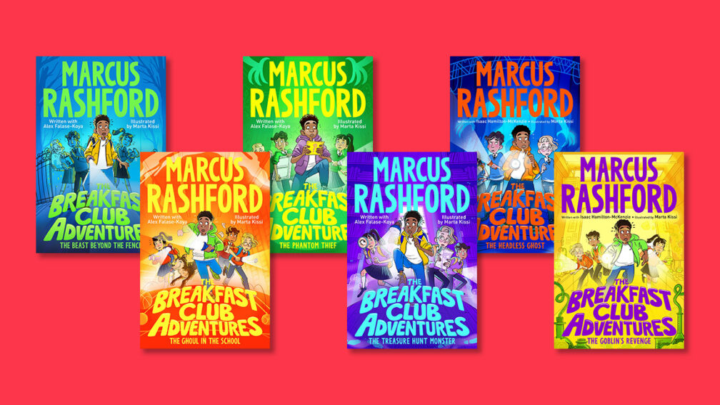 Image: https://williamjoseph.blob.core.windows.net/williamjoseph/images/_1008x567_crop_center-center_82_none/marcus-rashford-competition-16x9.jpg?v=1745337838 The front covers of the Breakfast Club Adventures books The Beast Beyond the Fence The Ghoul in the School The Phantom Thief The Treasure Hunt Monster The Headless Ghost and The Goblins Revenge