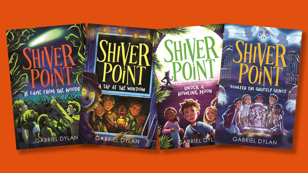 The front covers of the Shiver Point books you could win It Came From the Woods A Tap at the Window Under a Howling Moon and Beneath the Ghostly Graves