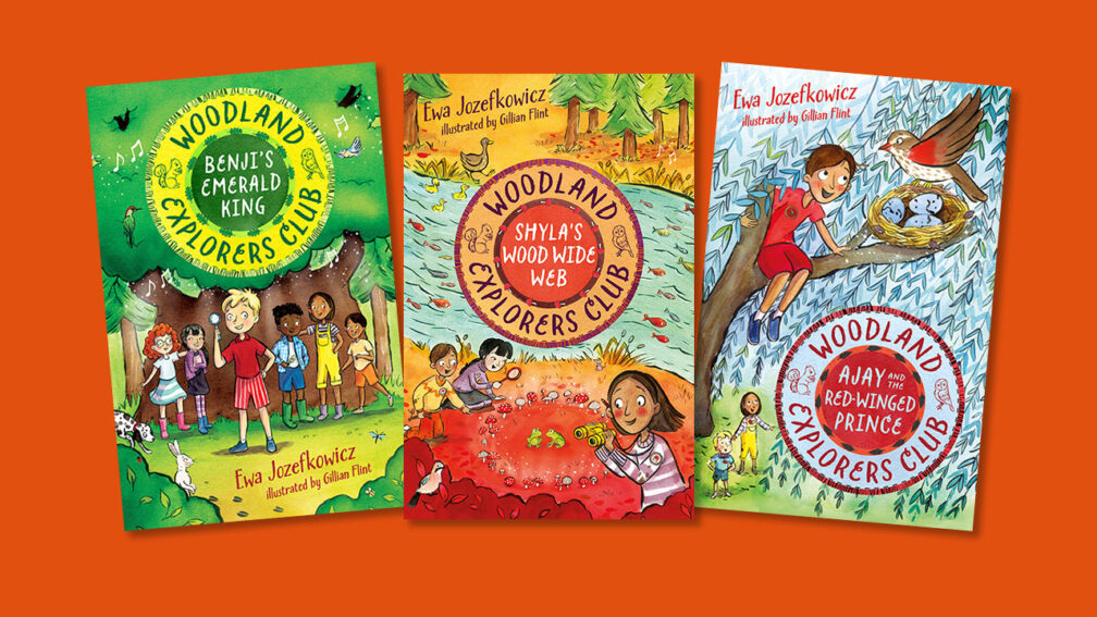 The front covers of three Woodland Explorers Club books Benjis Emerald King Shylas Wood Wide Web and Ajay and the Red Winged Prince