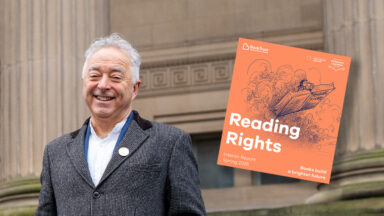 Frank Cottrell-Boyce smiling, and the front cover of the Reading Rights report
